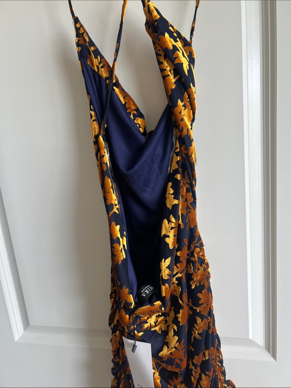 AKIRA Gold & Dark Navy Floral Backless Slip Dress - Picture 4 of 8